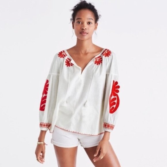 Madewell Tops - Madewell Blanca Embroidered Blanca Peasant Blouse Red